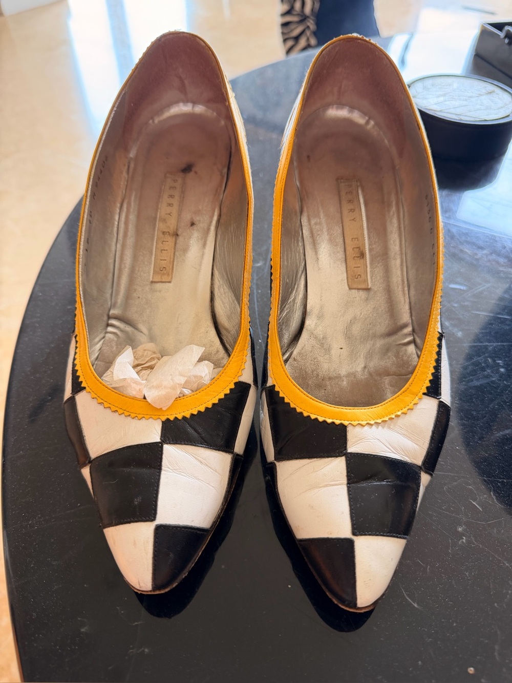 Vintage Perry Ellis 90’s Black & White Checkerpoint Heels with Yellow Trim
